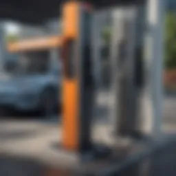 A sleek electric vehicle charging at a modern station