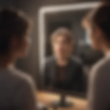 Interview Practice A confident individual practicing interview responses in front of a mirror.