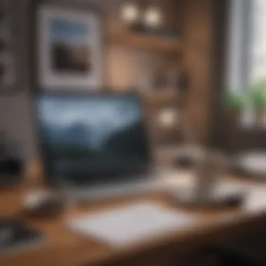 A modern workspace showcasing a laptop, notepad, and coffee cup.