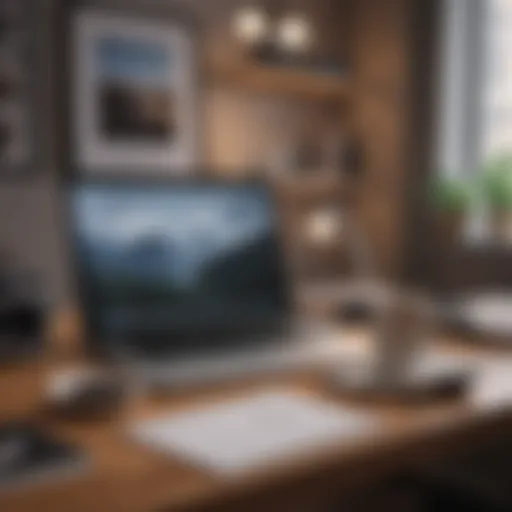 A modern workspace showcasing a laptop, notepad, and coffee cup.