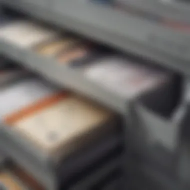 A close-up of a filing system with categorized envelopes for receipts, emphasizing systematic physical storage solutions.