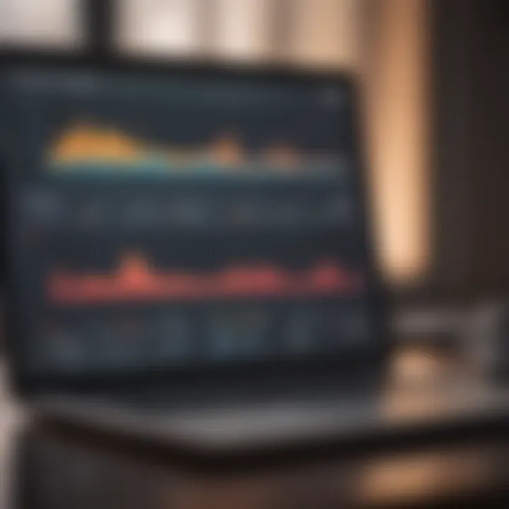 A laptop screen with graphs and charts illustrating current market trends for startups.