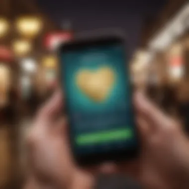 A close-up of a hand holding a smartphone displaying a dating app with dollar signs