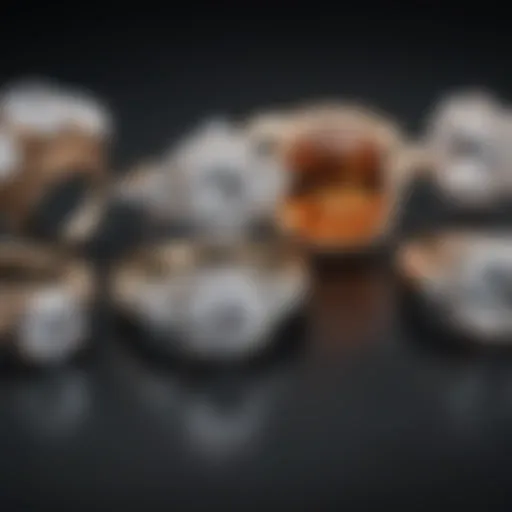 A close-up view of various engagement rings showcasing different styles and designs.