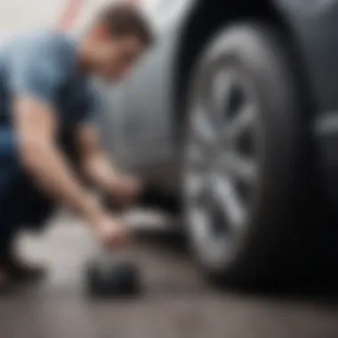 Car owner checking tire pressure with a gauge