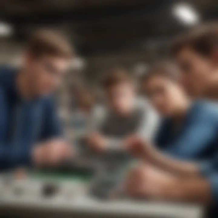 A group of teenagers engaged in a team project in a workplace setting.