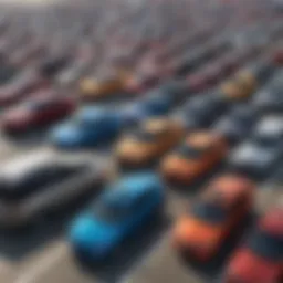 A diverse selection of affordable cars parked in a lot, showcasing various models and colors.