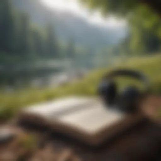 A serene landscape with headphones and an open book, symbolizing the world of audiobooks.