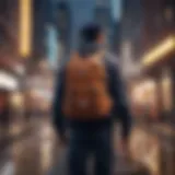 A delivery person navigating through a busy urban environment with a backpack