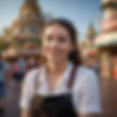 A cheerful Disney employee enjoying a unique perk at a theme park.