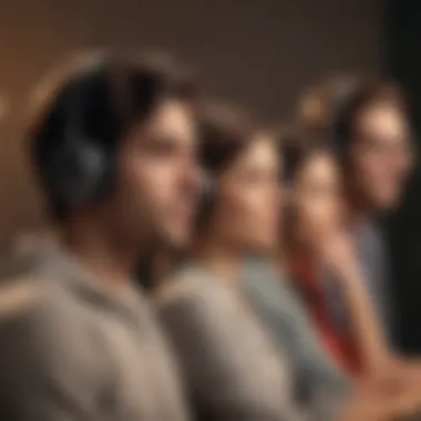 A diverse group of individuals listening to audiobooks in various environments