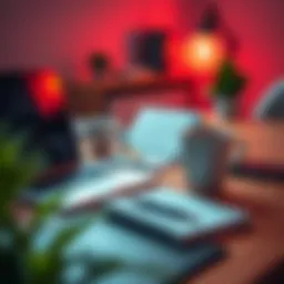 A dynamic workspace showcasing a laptop, notebook, and coffee cup representing remote work.