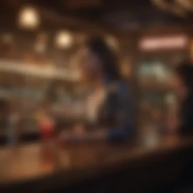 A lively bar scene with cocktails and conversation under dim lights.