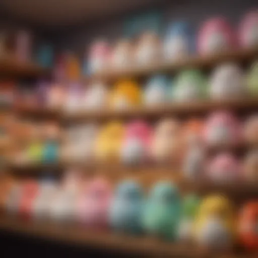 A vibrant collection of rare Squishmallows displayed on a shelf