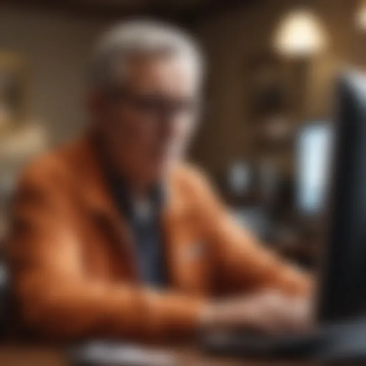 A retiree working on a computer, representing freelance opportunities in the digital space.