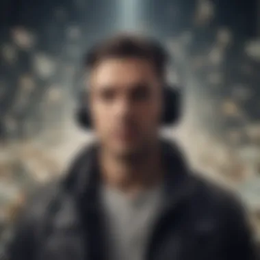 An individual enjoying music on headphones while surrounded by dollar signs, symbolizing earnings from listening.