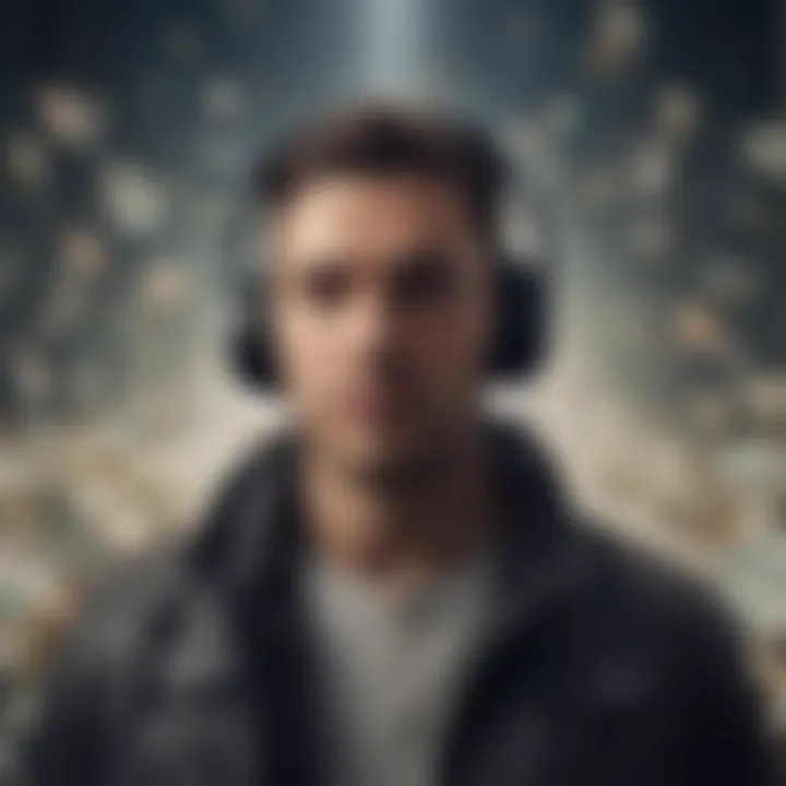 An individual enjoying music on headphones while surrounded by dollar signs, symbolizing earnings from listening.