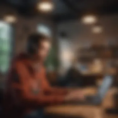 A student enjoying music on a laptop in a cozy study space