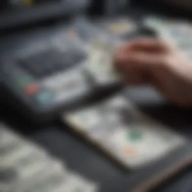 Personal Finance Analysis with Cash A person analyzing personal finances with cash and a ledger