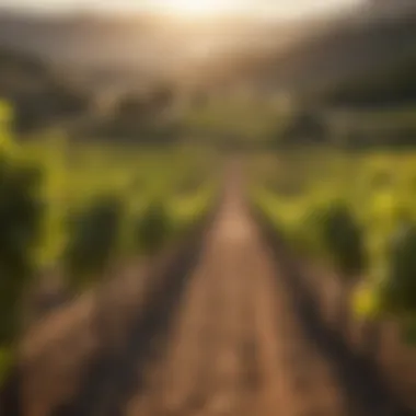 A serene landscape of lush hills and vineyards bathed in warm sunlight.