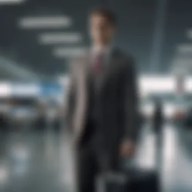 A professional in business attire at an airport, ready to board a flight for a work assignment.