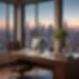 A luxurious office setting with a view of a city skyline and a globe that symbolizes global travel.