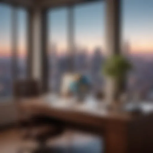 A luxurious office setting with a view of a city skyline and a globe that symbolizes global travel.