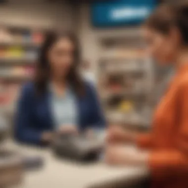 A store cashier assisting a customer with a gift card check.