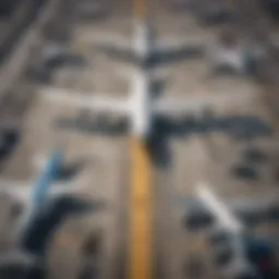 Aerial view of a bustling airport with various airline logos visible.