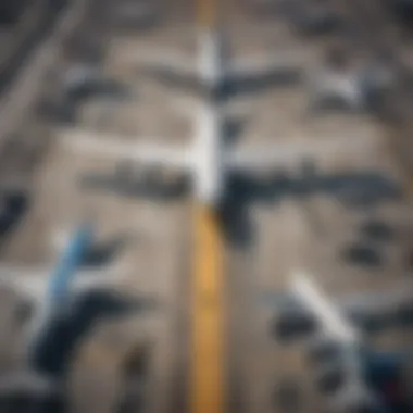 Aerial view of a bustling airport with various airline logos visible.