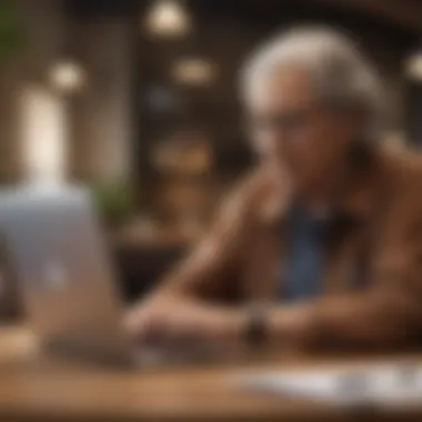 A retiree engaged in a flexible work environment, enjoying their job while working on a laptop.