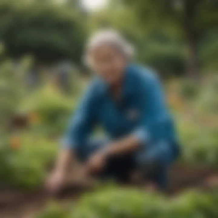 A retiree volunteering in a community garden, contributing their time and skills.