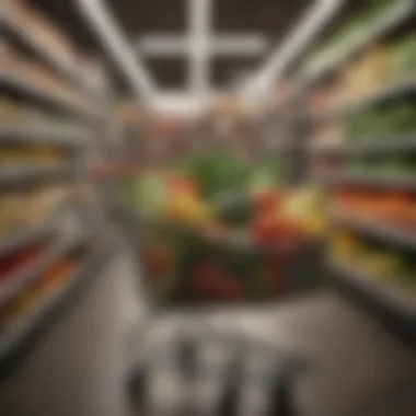 Shopping cart filled with fresh produce and grocery essentials