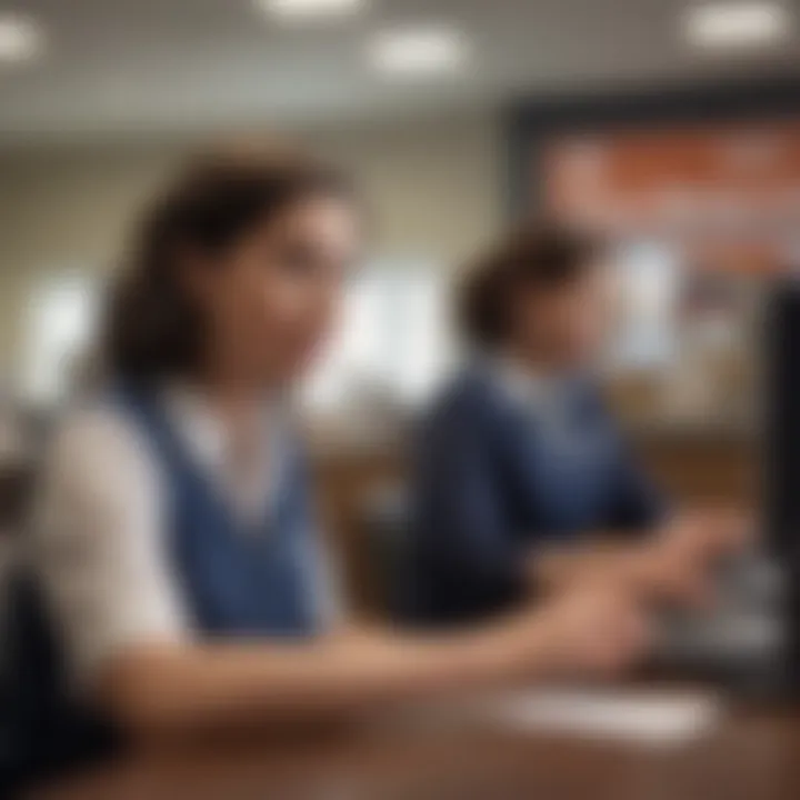 A close-up of a bank teller assisting a customer at a service desk