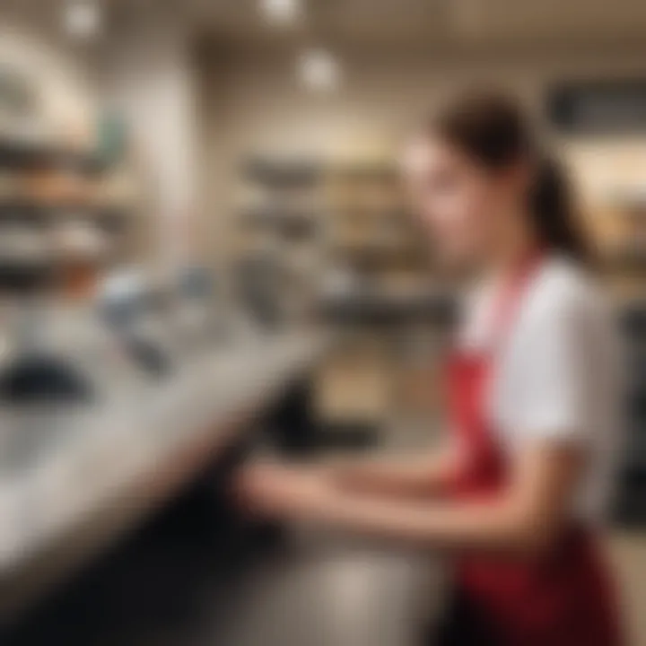 A teenager at a retail store working behind the counter, engaging with customers and handling transactions.