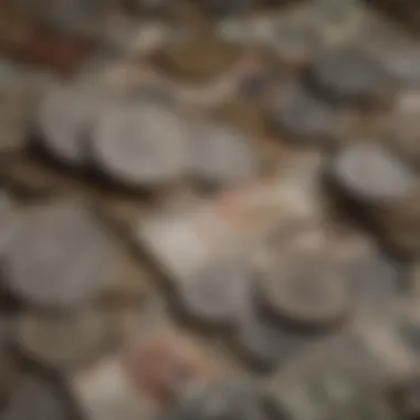 A close-up of various international banknotes and coins