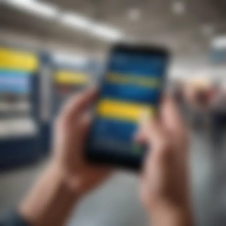 A hand holding a smartphone displaying the Best Buy credit card application page.