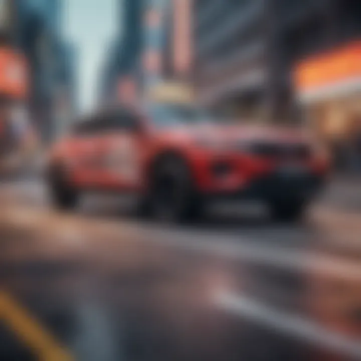 A car adorned with vibrant advertisements driving through a cityscape