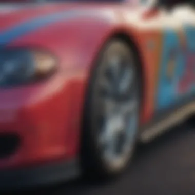 A close-up view of a car with a colorful wrap showcasing a brand logo