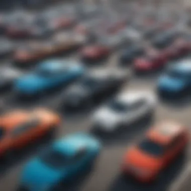 A diverse group of cars in a parking lot with varied advertising designs