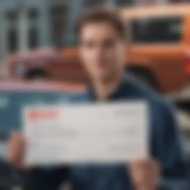 An individual holding a check next to their vehicle with advertisements