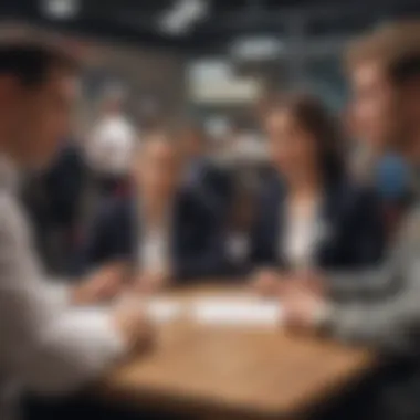 A group of veterans networking at a career fair.