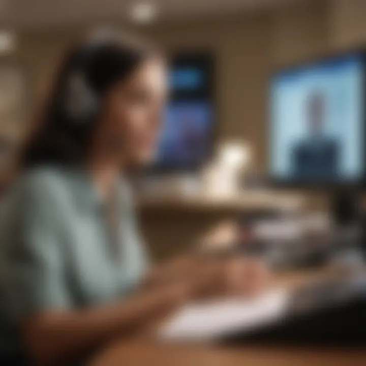 Customer service representative assisting a client at a desk