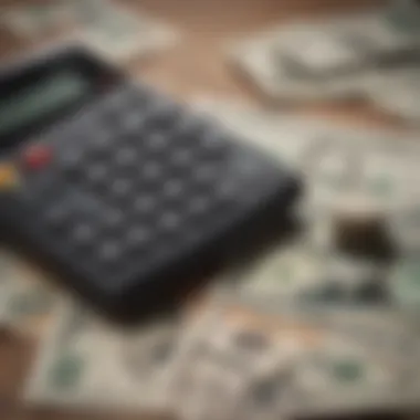 A calculator and cash representing the fees associated with check cashing services.