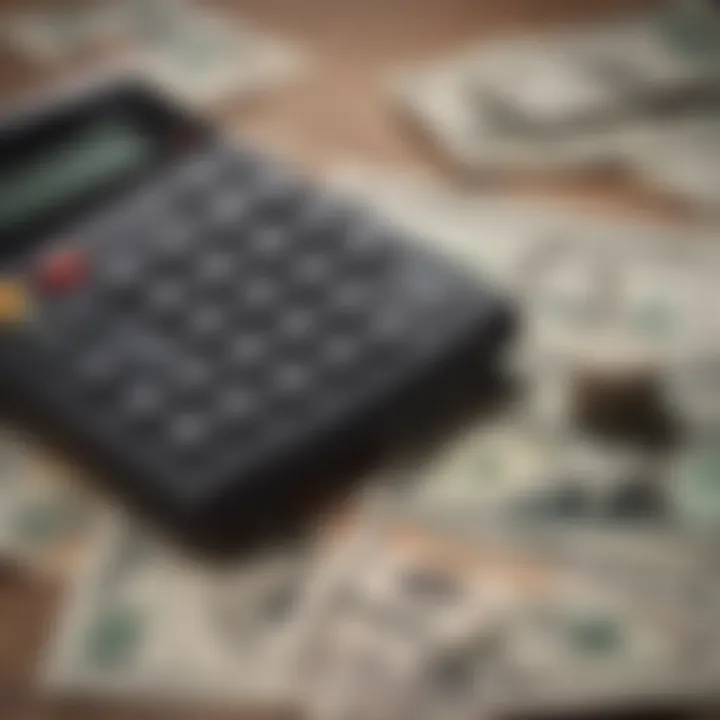 A calculator and cash representing the fees associated with check cashing services.