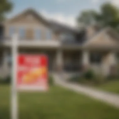 A detailed view of a house with a for sale sign in the foreground