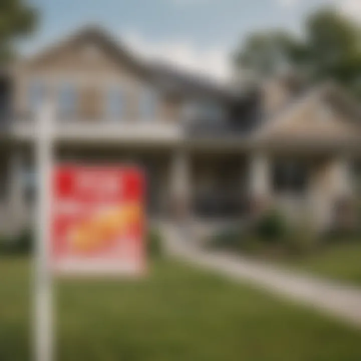 A detailed view of a house with a for sale sign in the foreground