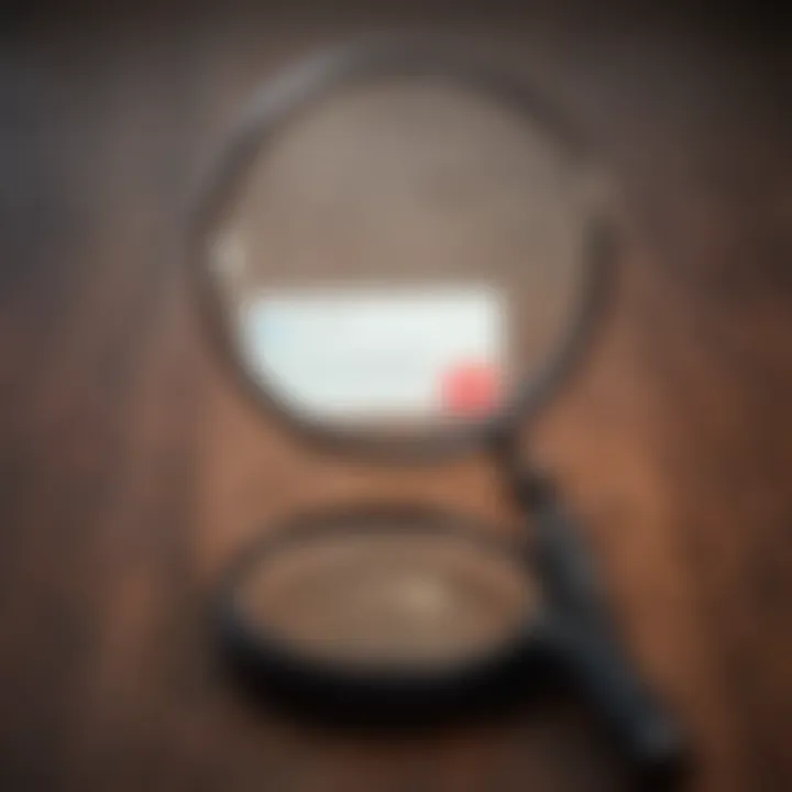 A magnifying glass focusing on a suspicious message on a dating app.