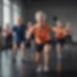 A vibrant fitness class tailored for seniors, showcasing active participation.