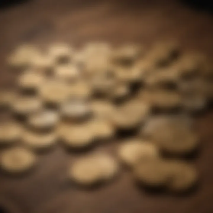 A diverse array of gold coins displayed on a wooden table